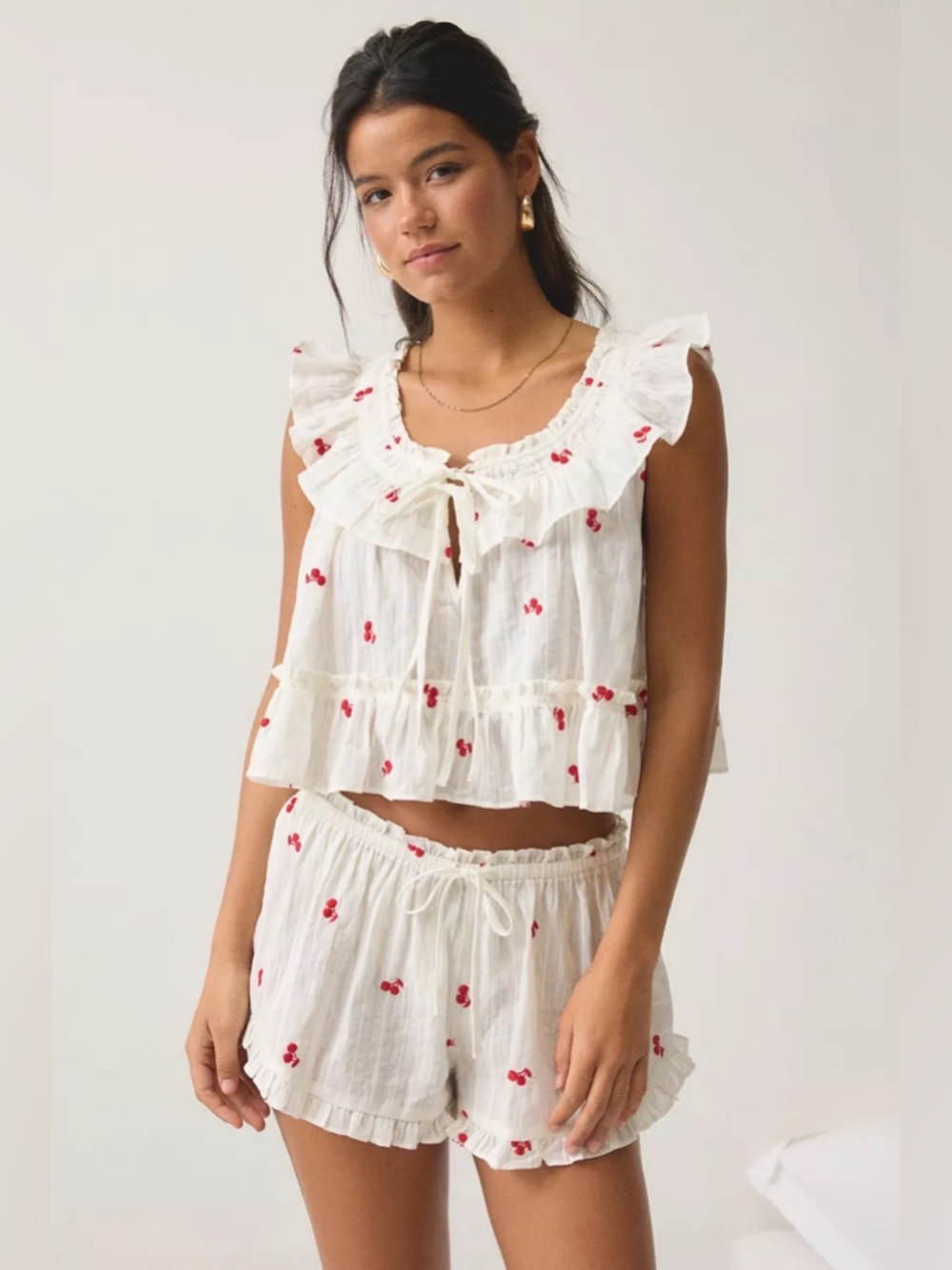 UO Out From Under Love Letters Ruffle Babydoll Top + Micro Shorts PJ Set
